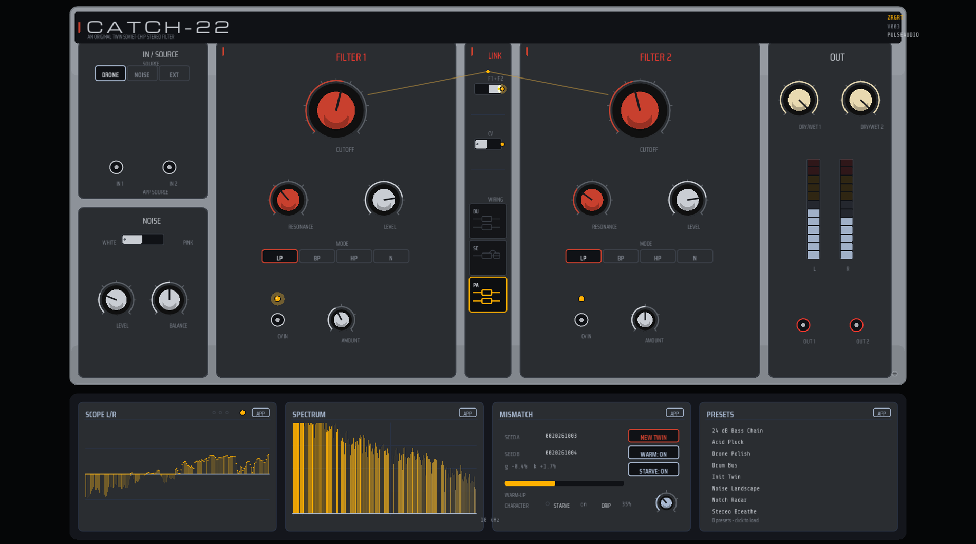 The CATCH-22 panel — twin filter columns, LINK bay, noise, out, and the APP bay with scope, spectrum, mismatch and presets