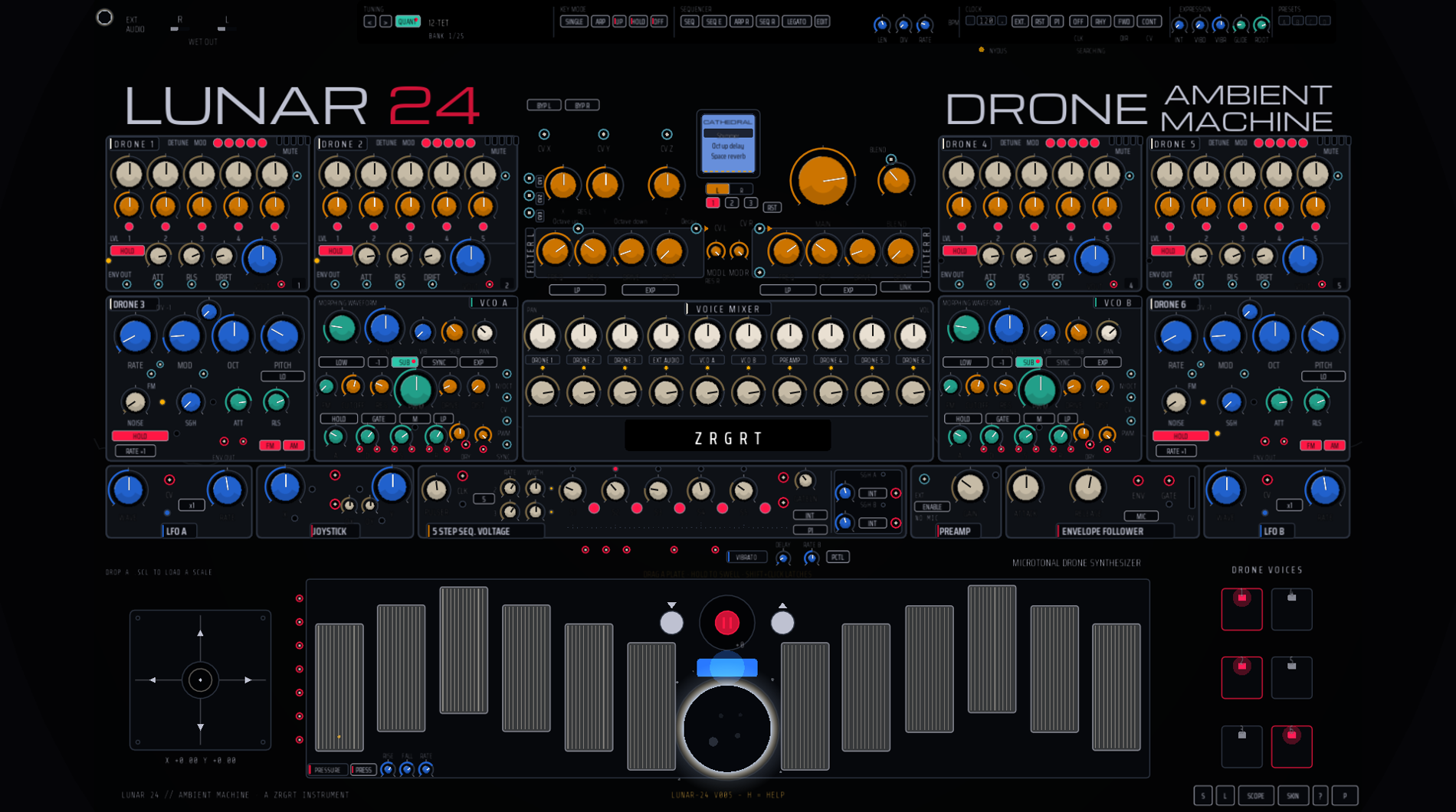 The LUNAR-24 panel — eight voices, patch layer, cartridges