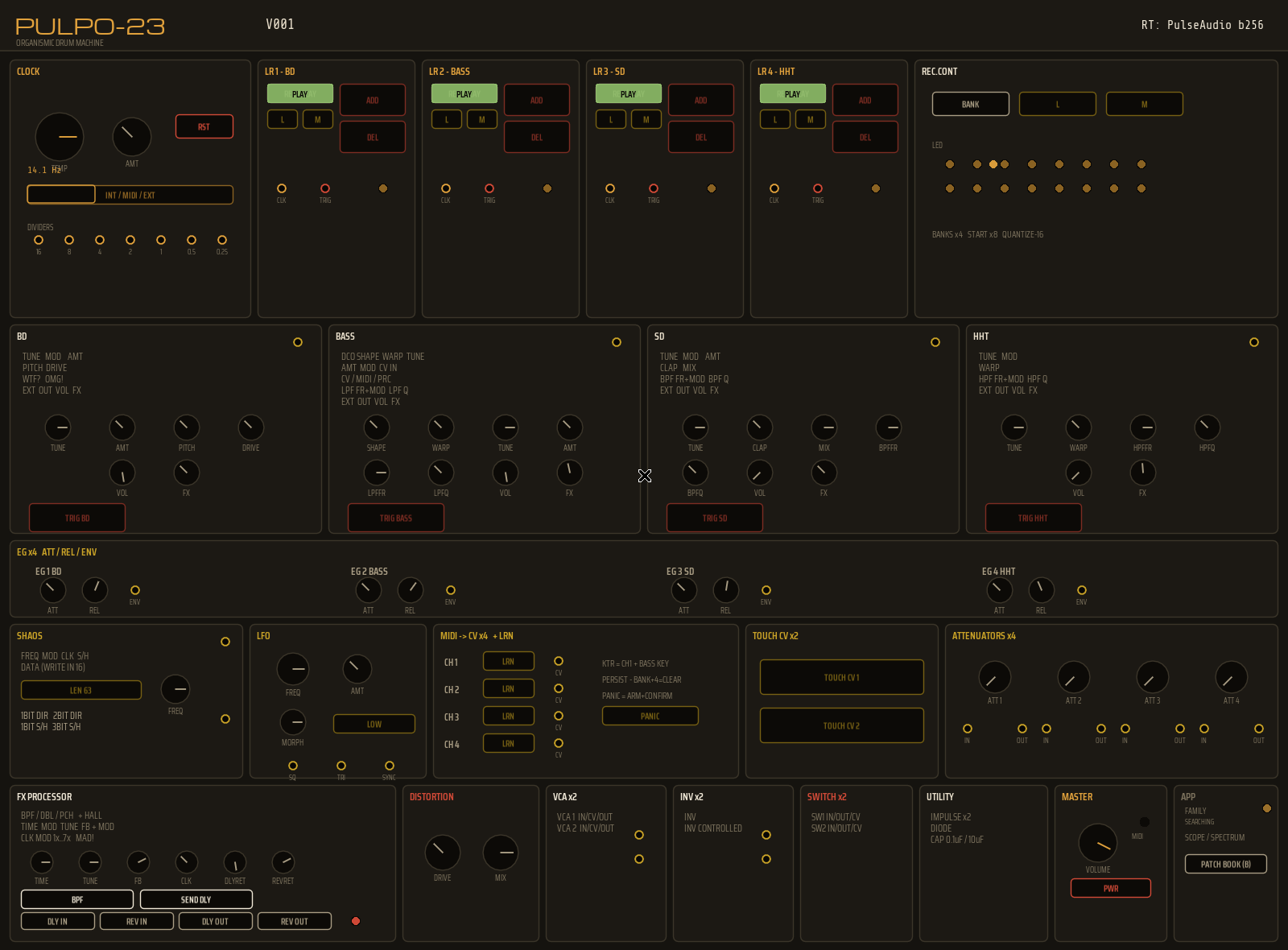 The PULPO-23 panel — clock and four looper-recorder strips on top, the four voices with their envelopes, SHAOS / LFO / MIDI-CV / touch / attenuators, and the FX · distortion · utility · master band